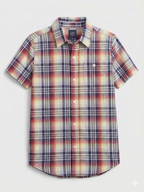 GAP Short-Sleeve Plaid Button-Down Shirt - Navy, Red, Yellow